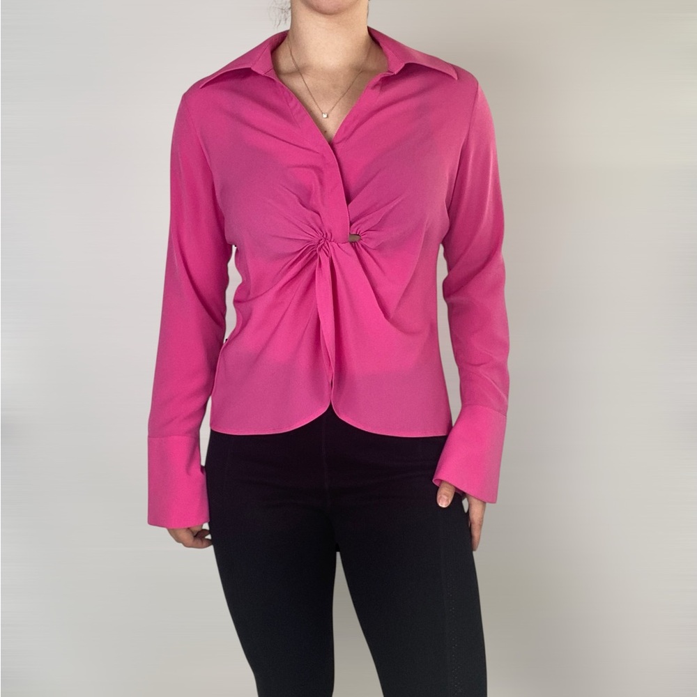 MING WANG Collared Twist Long‎ Sleeve Blouse Pink Formal Business